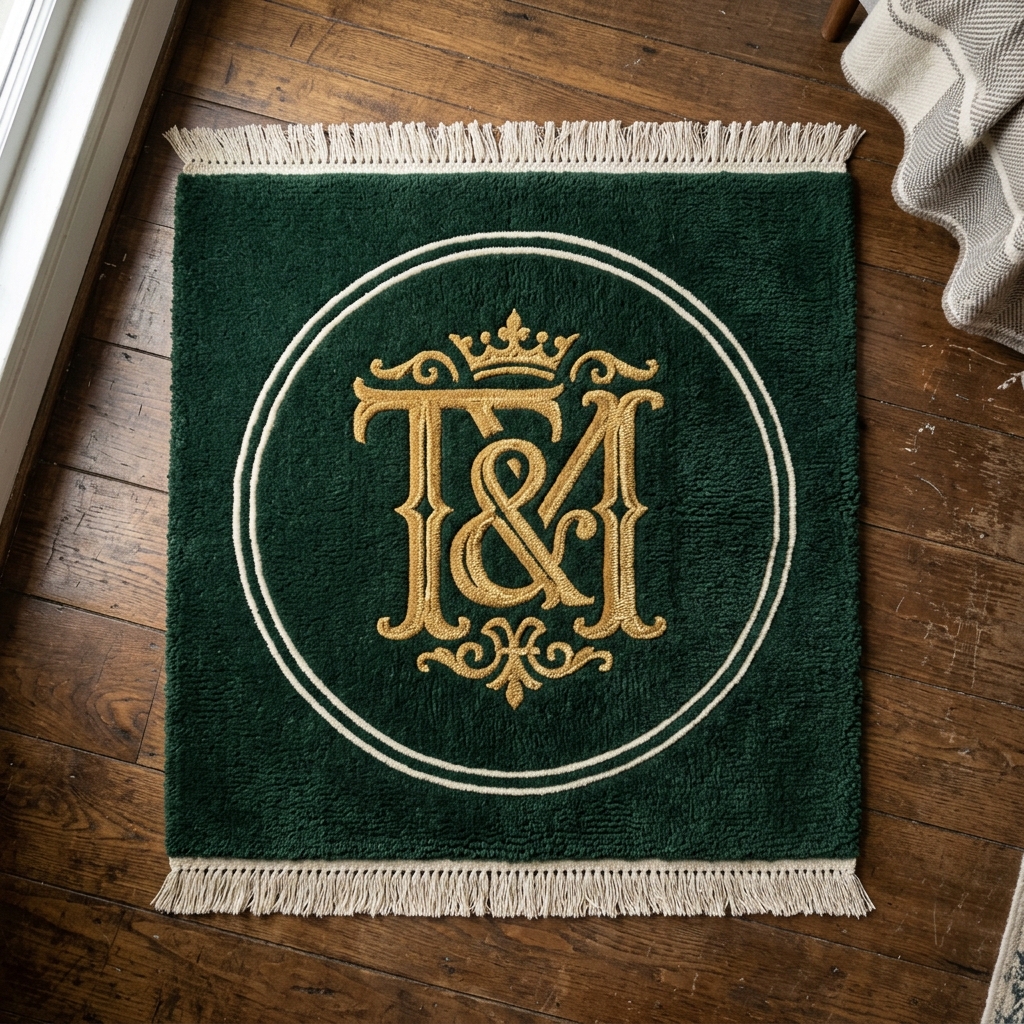 Square tufted rug with an elegant gold interlocking monogram inside an ivory ring
