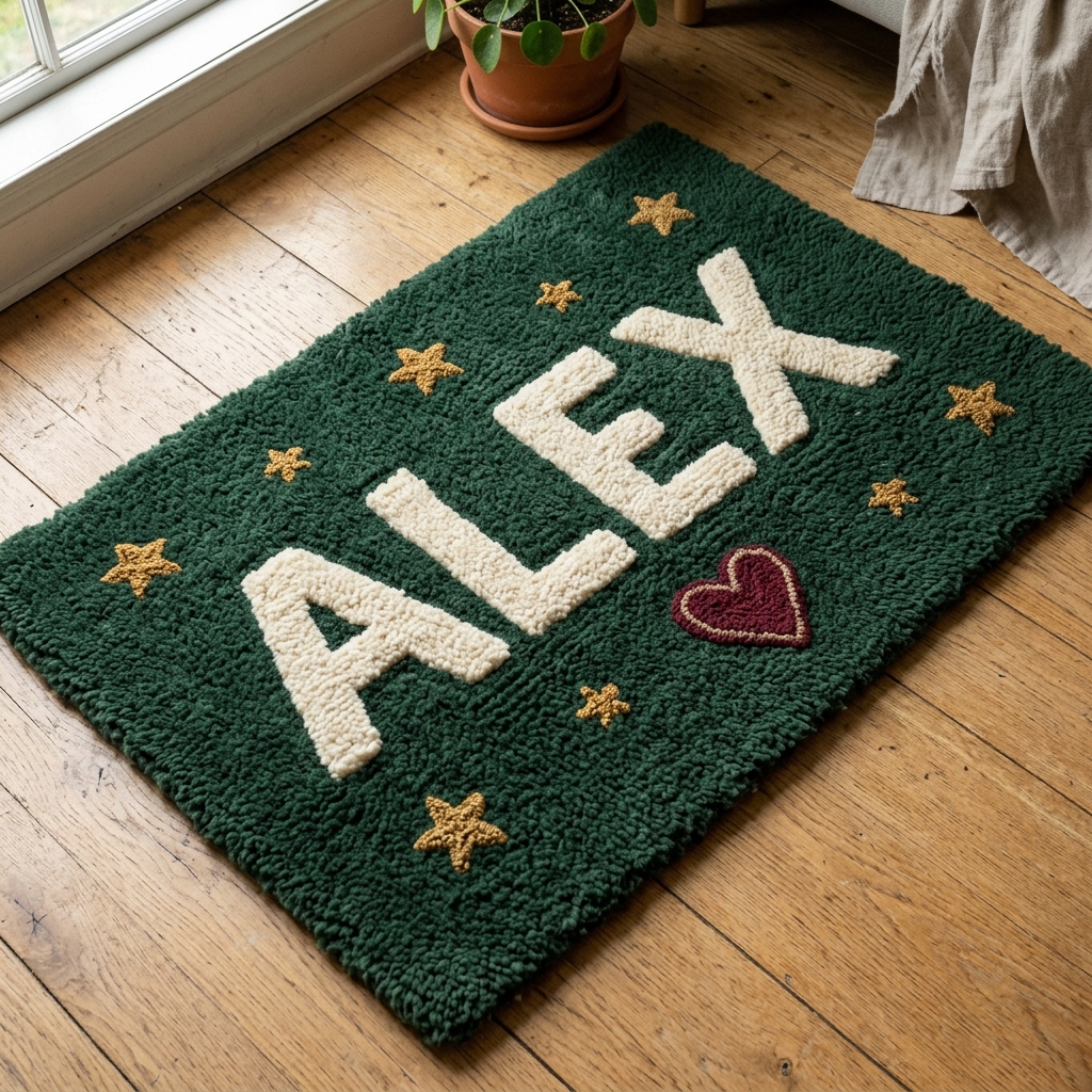 Forest green tufted rug with the name ALEX in ivory letters surrounded by gold stars