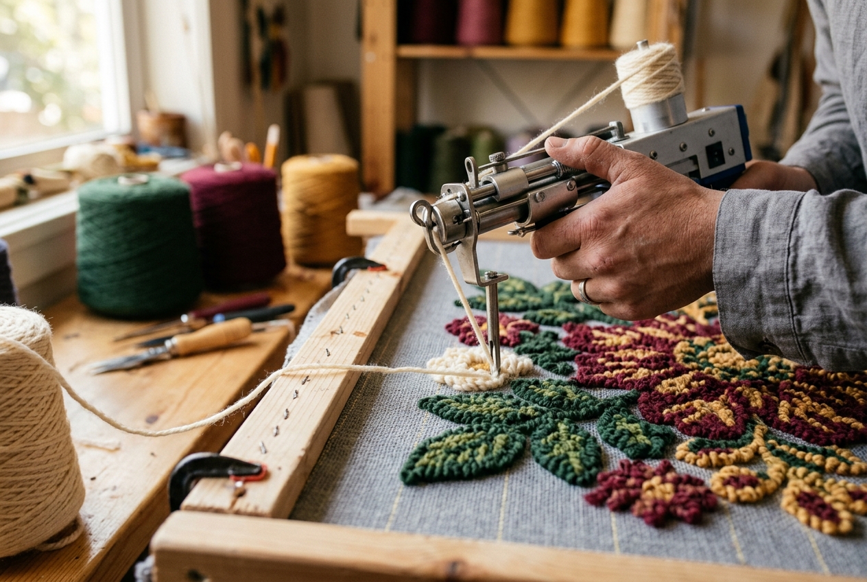 A tufting gun punching cream wool yarn into a stretched frame, a floral rug half finished
