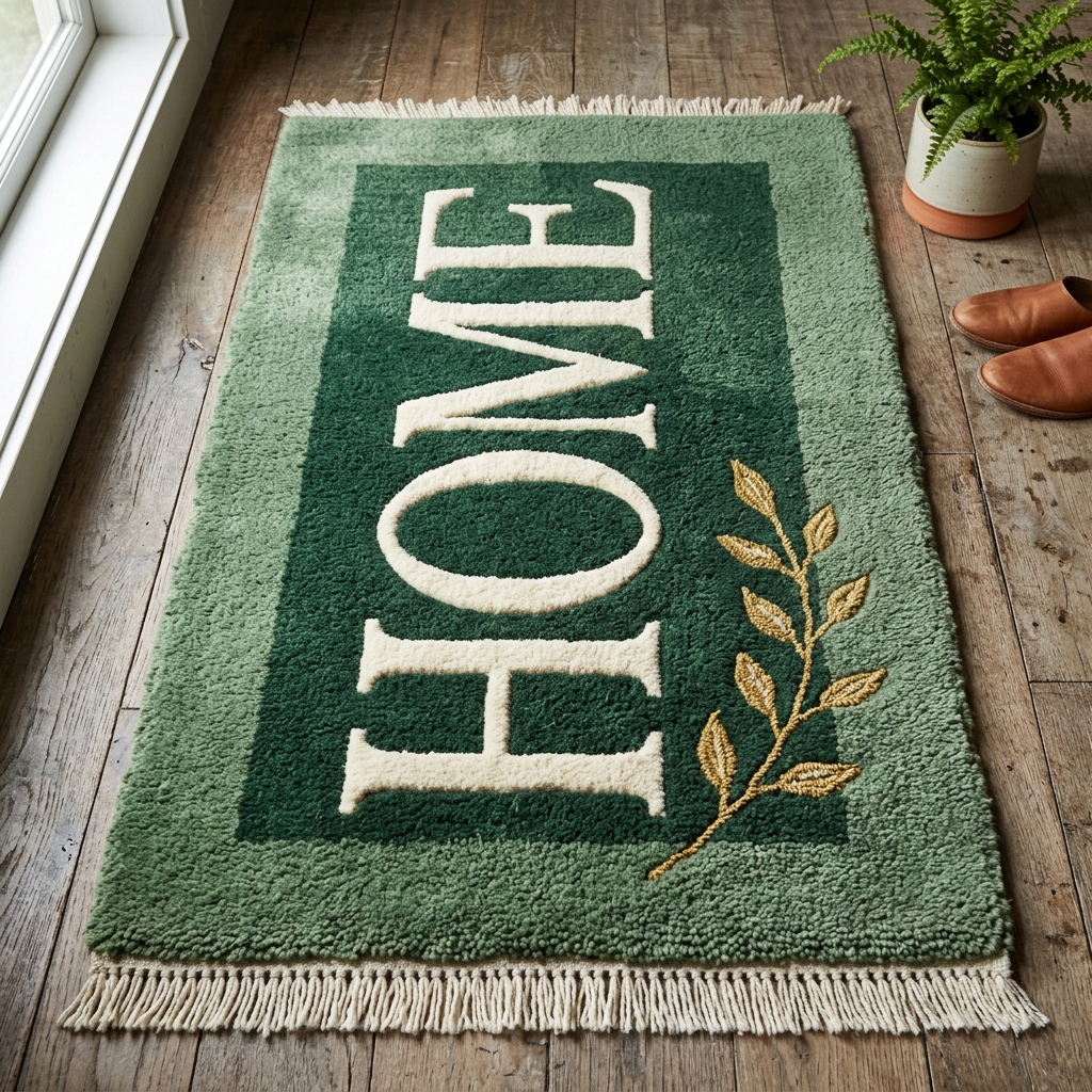 Green tufted rug reading HOME in tall ivory serif letters with a gold leaf sprig