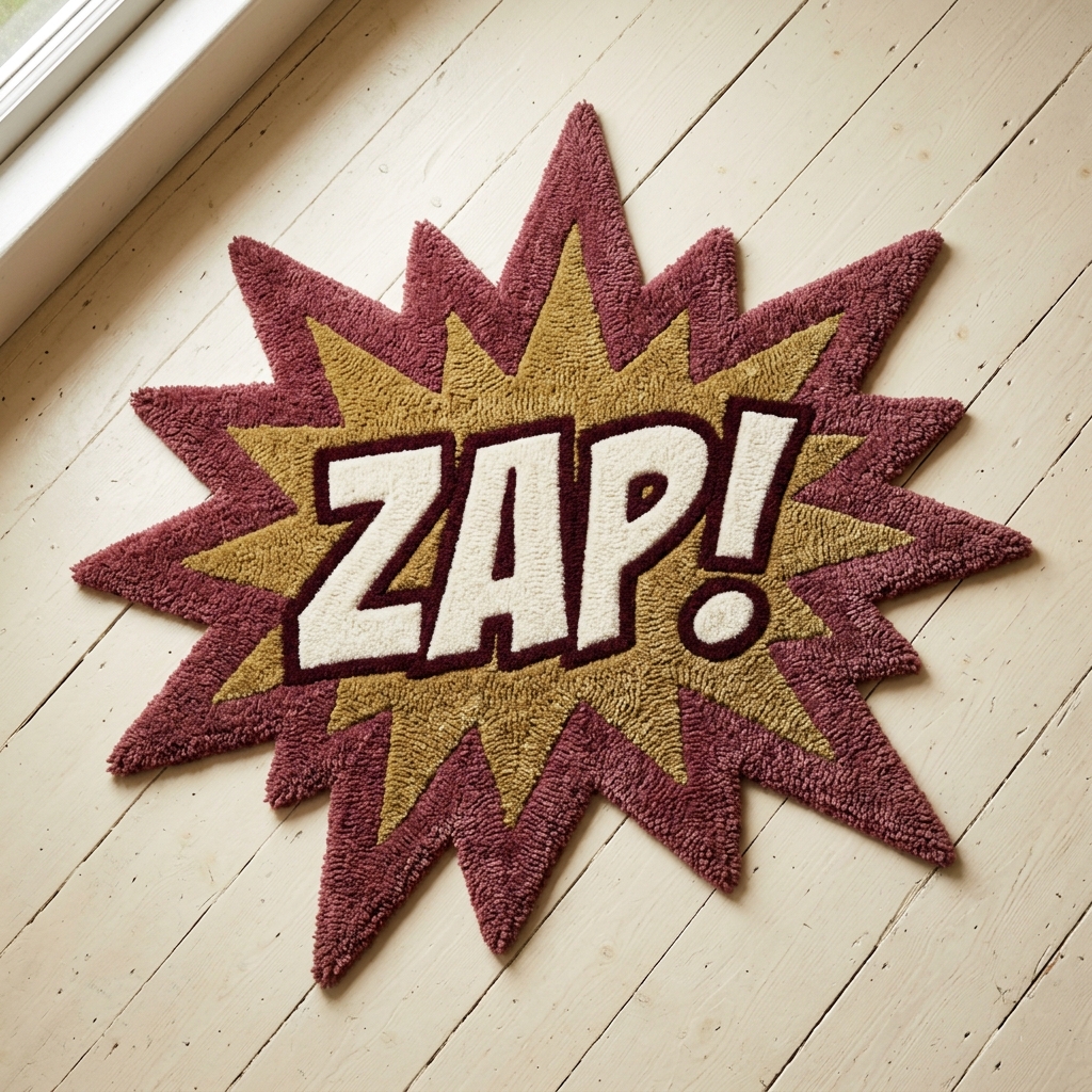 Tufted rug shaped like a retro comic explosion with the word ZAP in ivory lettering