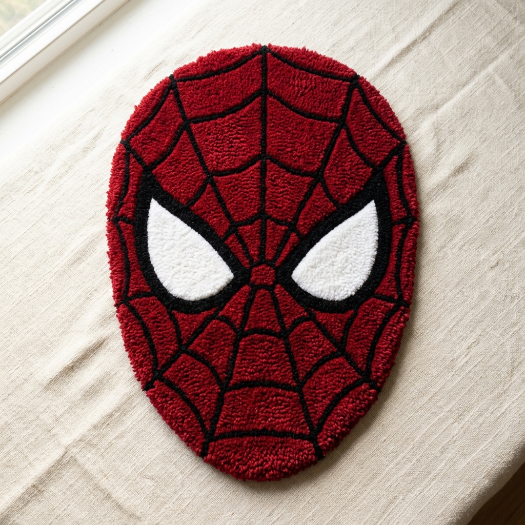 Red tufted rug shaped like a masked hero face with black web lines and white eyes