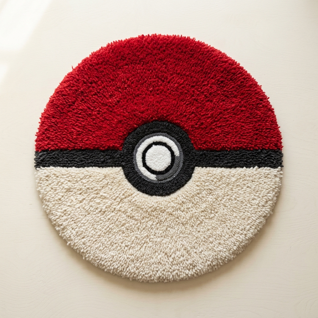 Round tufted rug in red and cream with a black band and white centre button, like a capture ball