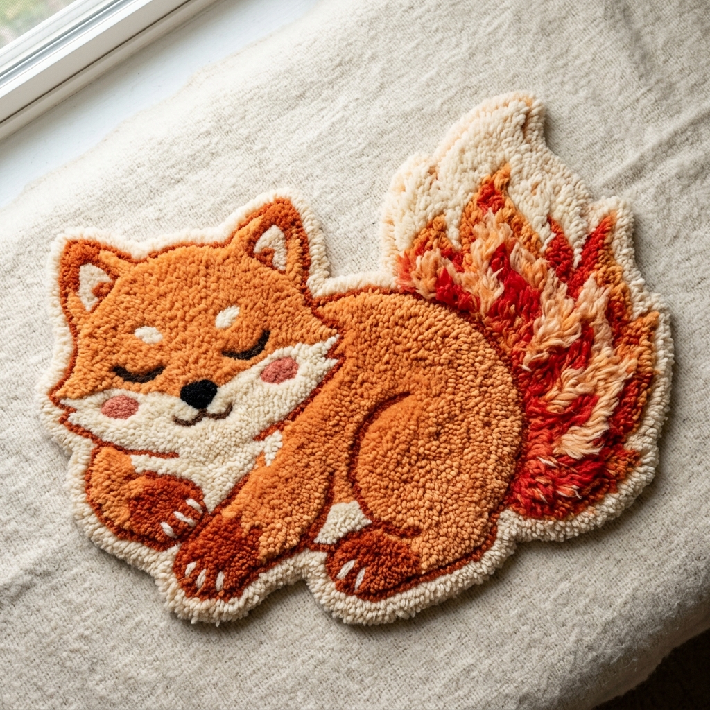 Tufted rug of an orange fox creature with a flame-shaped cream and red tail