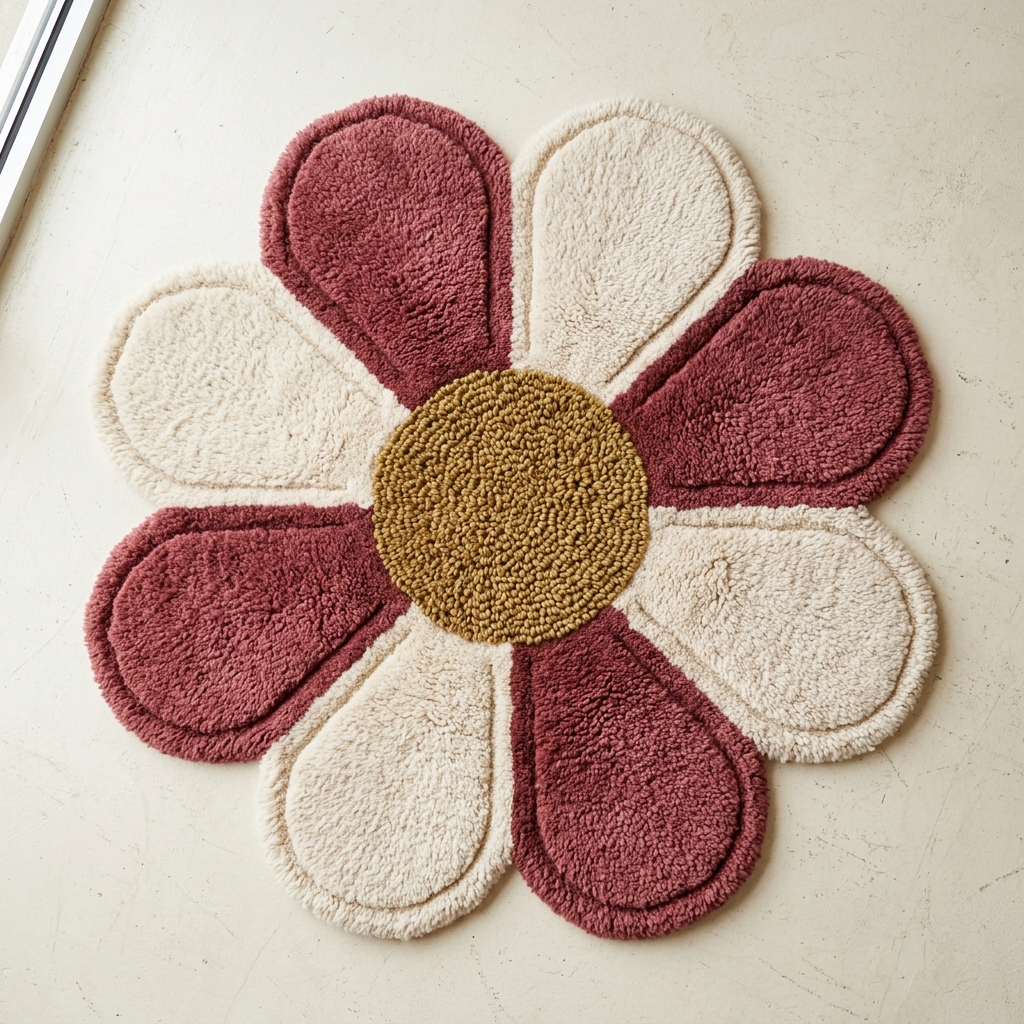 Flower-shaped tufted rug with eight petals in cream and burgundy around a gold centre