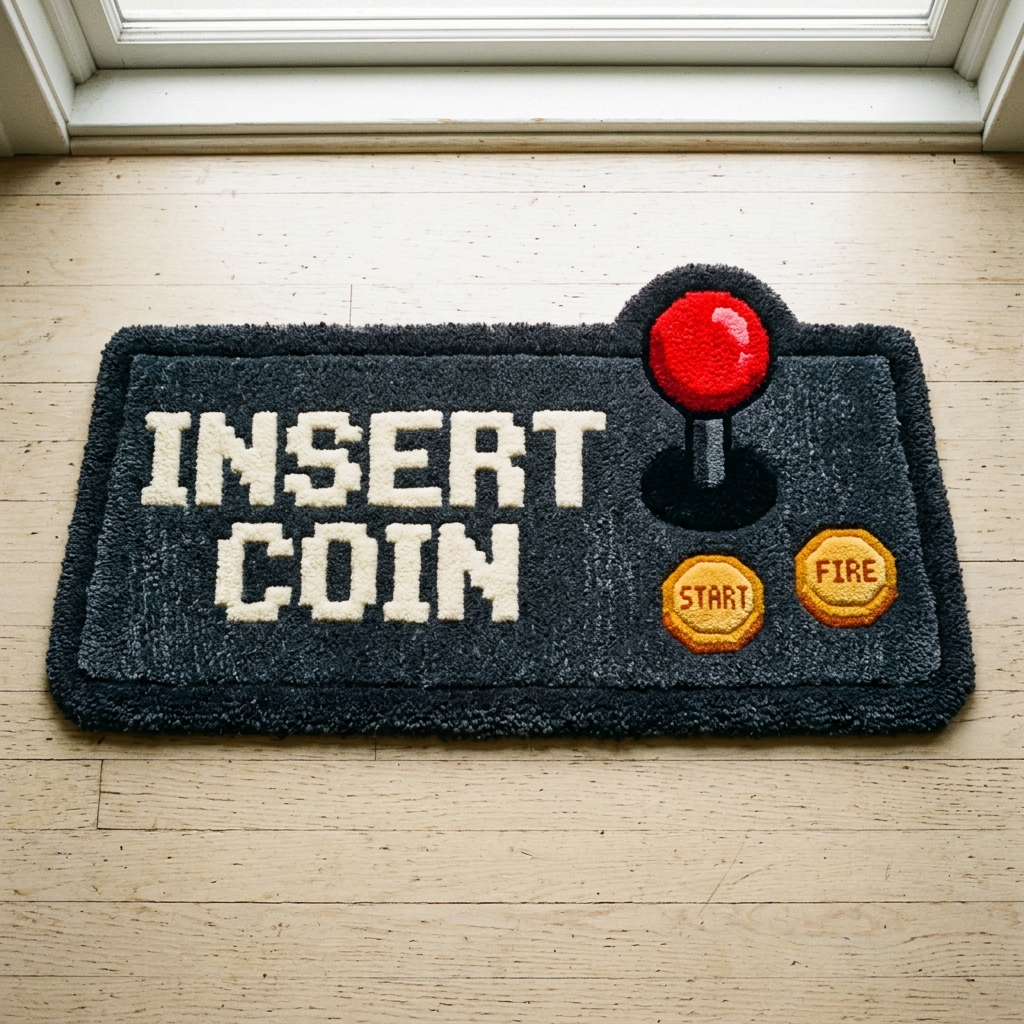Charcoal tufted rug reading INSERT COIN with a red joystick and gold buttons