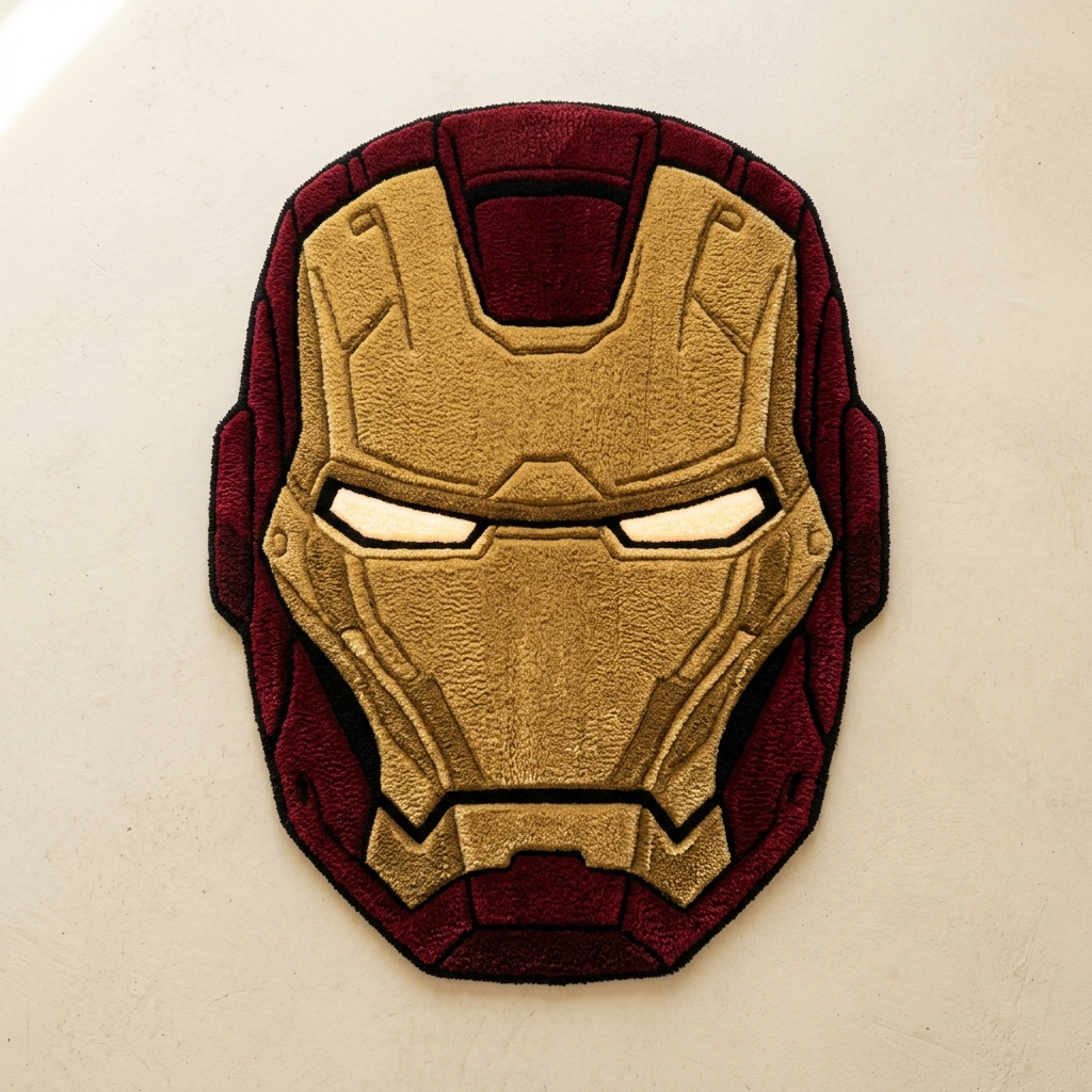 Tufted rug shaped like a gold and red armored robot helmet with narrow eye slits