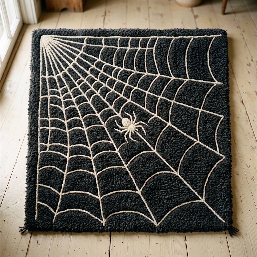 Charcoal tufted rug with an ivory spider web radiating across one corner