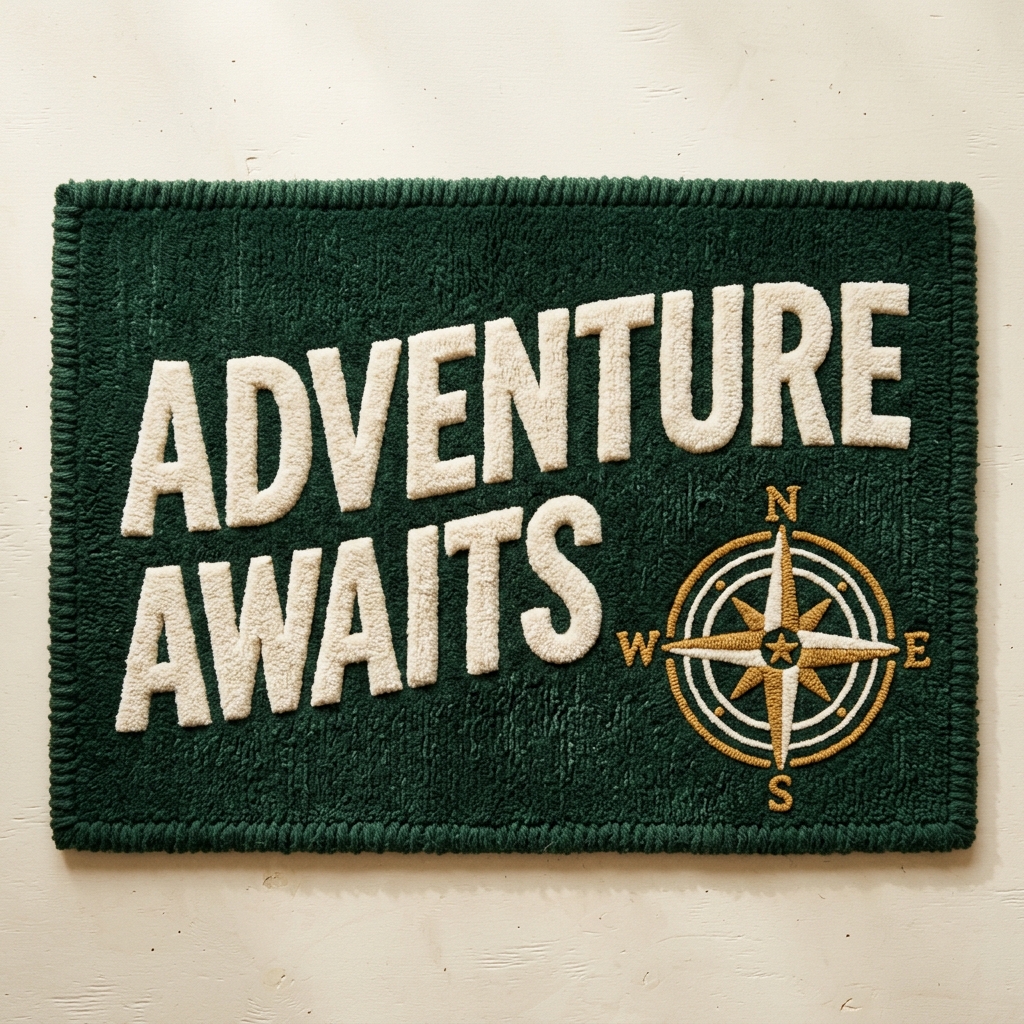 Forest green tufted rug reading ADVENTURE AWAITS with a gold compass rose