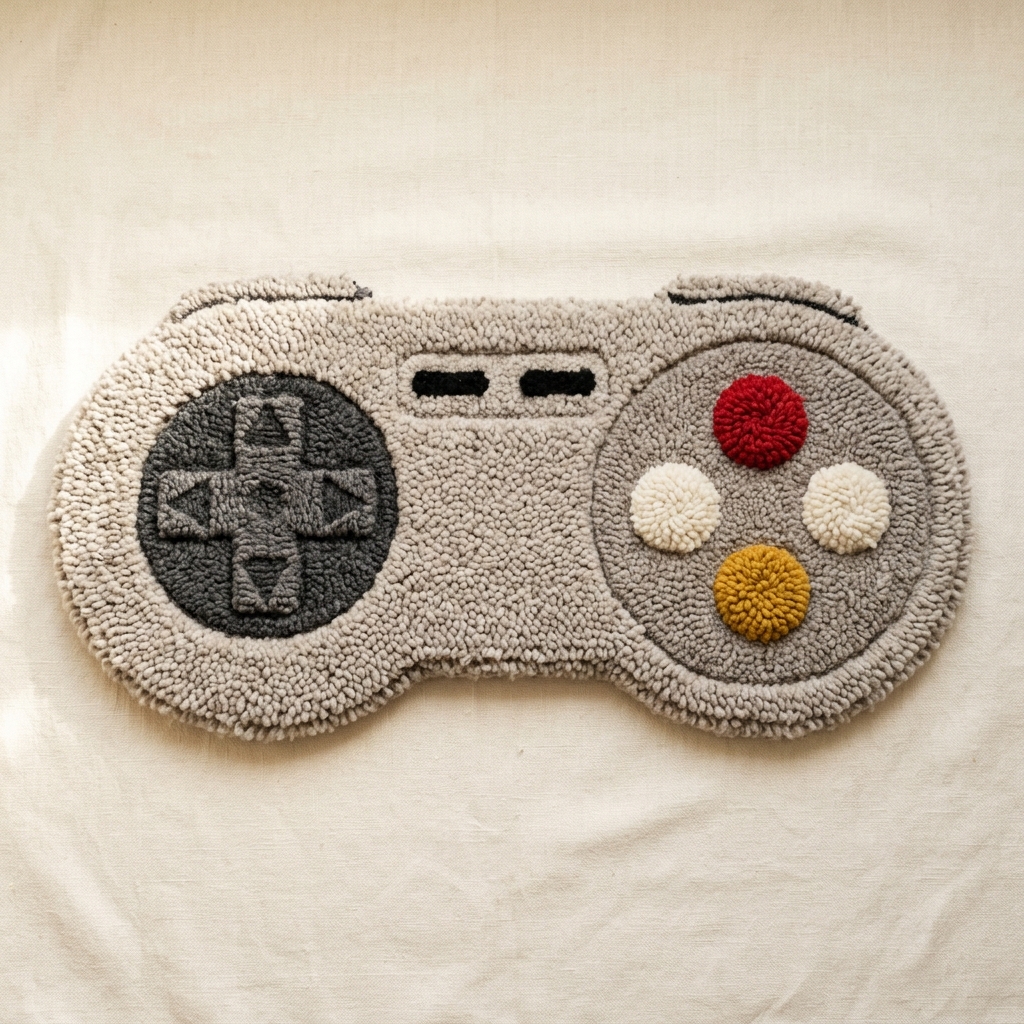 Grey tufted rug shaped like a retro game controller with a d-pad and colourful buttons