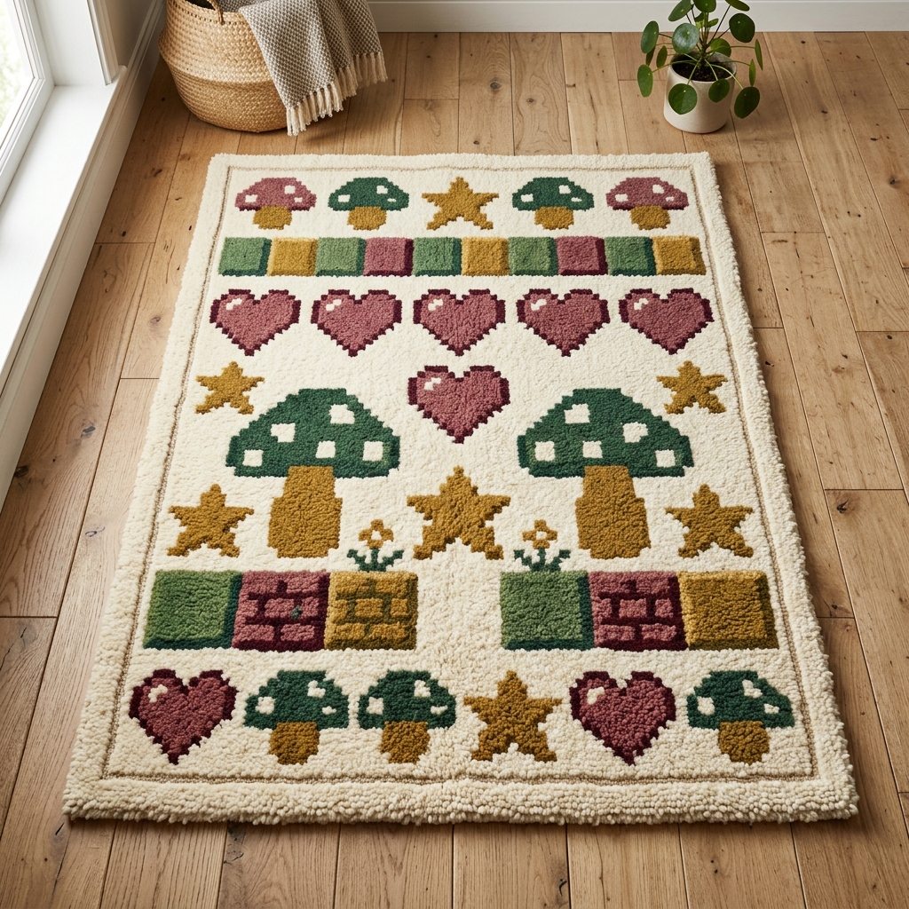Rectangular tufted rug with 8-bit pixel hearts, mushrooms and stars in muted colours