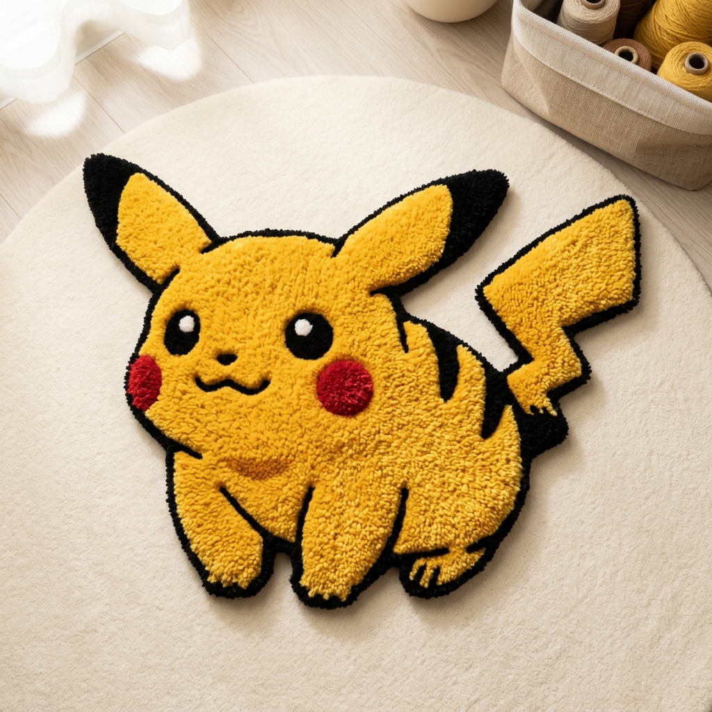 Tufted rug of a chubby yellow electric-mouse character with black-tipped ears and a lightning-bolt tail