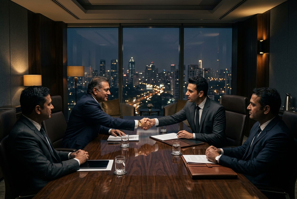Executive boardroom closing a corporate finance deal