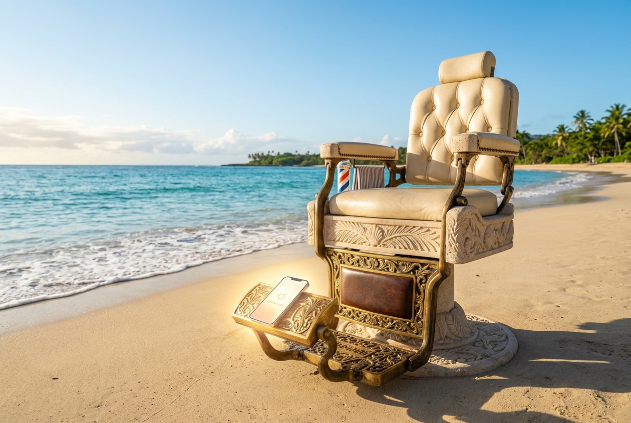 An ornate barber chair on a tropical beach with a glowing phone