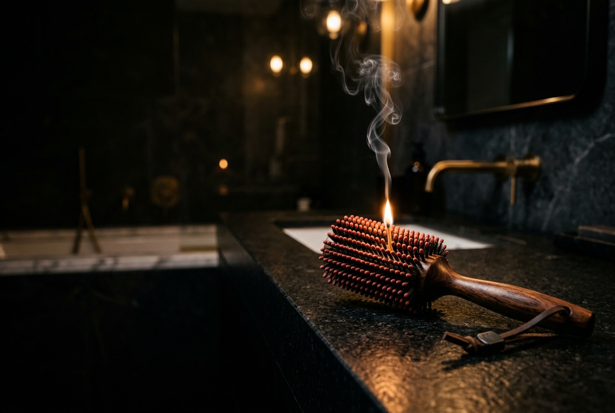 A luxury hairbrush with match tipped bristles, one lit, on a dark vanity
