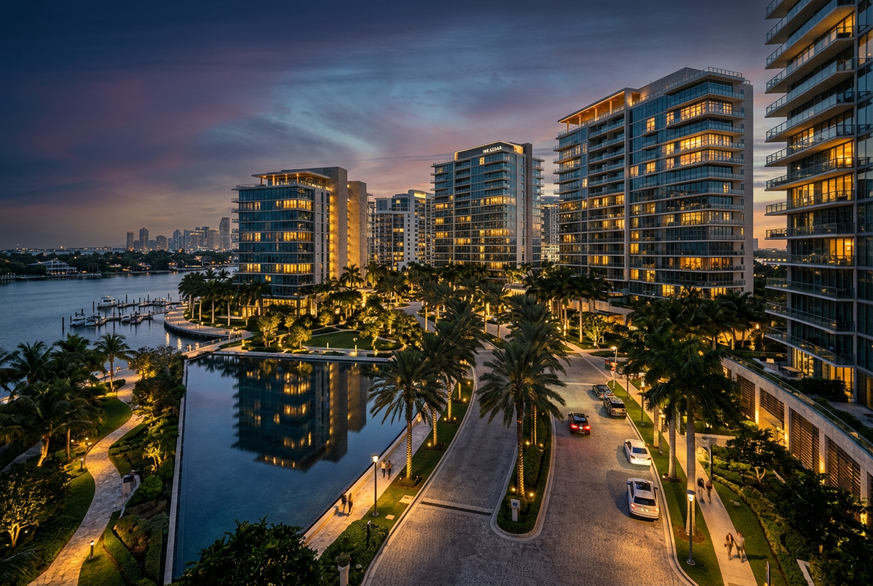 Luxury condominium community at dusk protected by Redline Monitoring