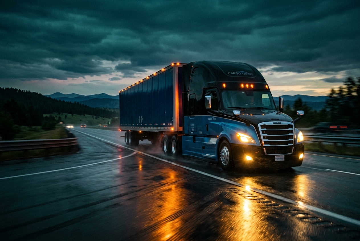 Semi-truck on the highway at dusk