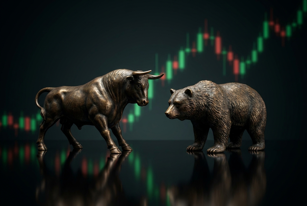 Bronze bull and bear facing off