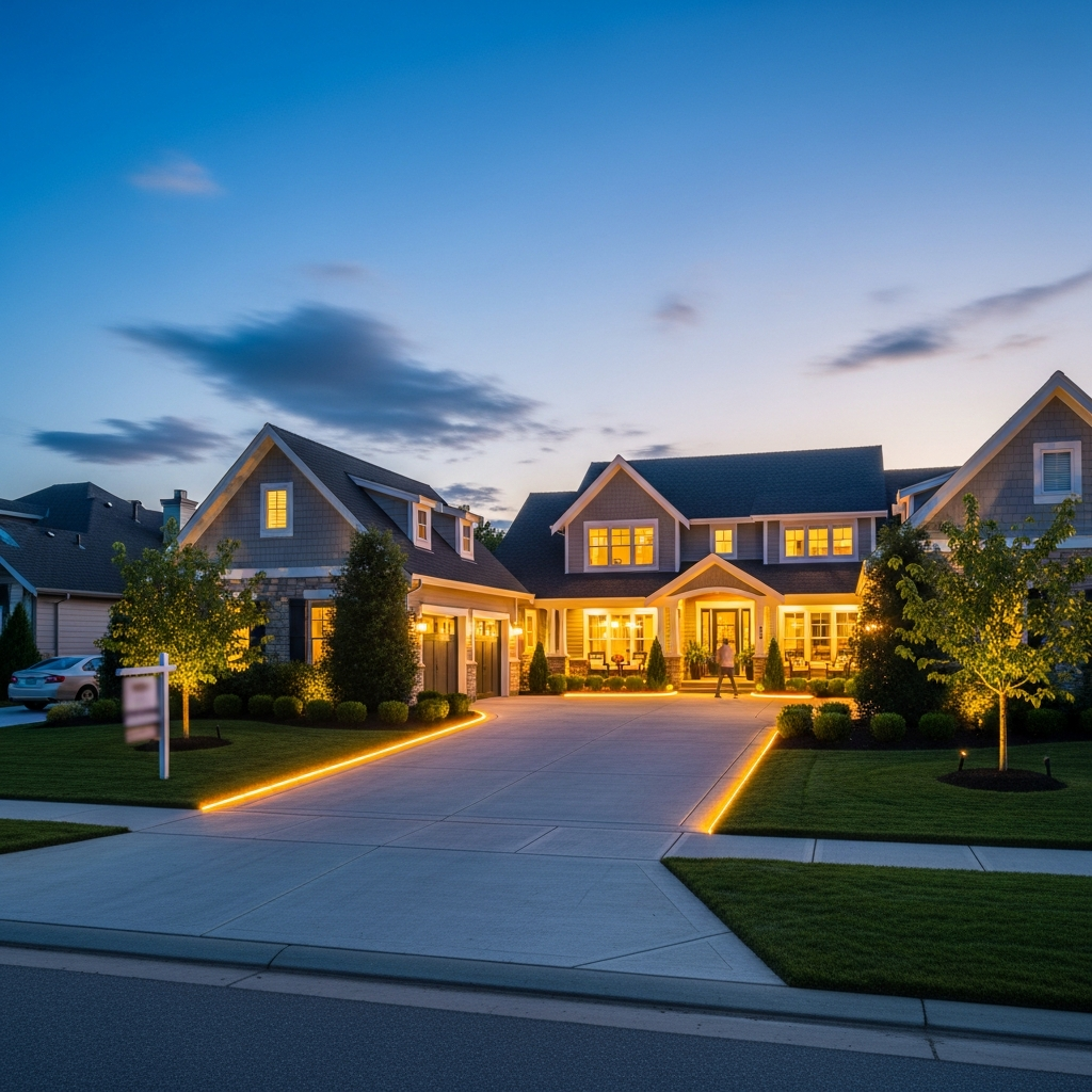 Pristine home at dusk with LED pathway lighting