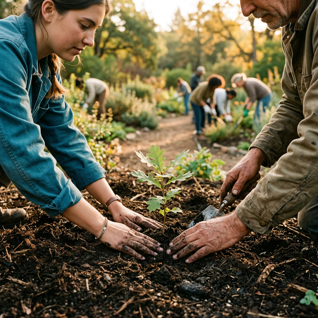 Hands planting a seedling in dark soil