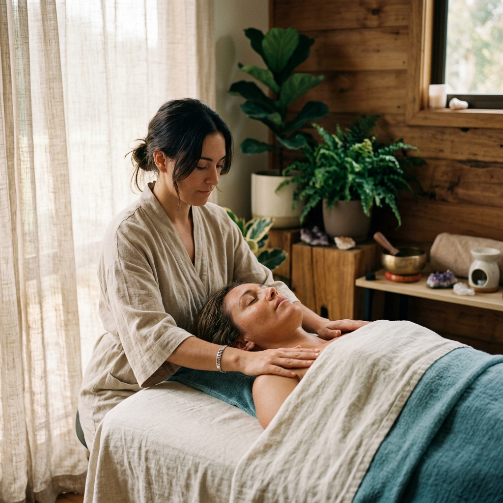 A restorative wellness session in warm natural light