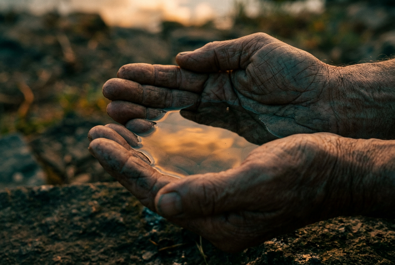 Hands cupping still water at dawn
