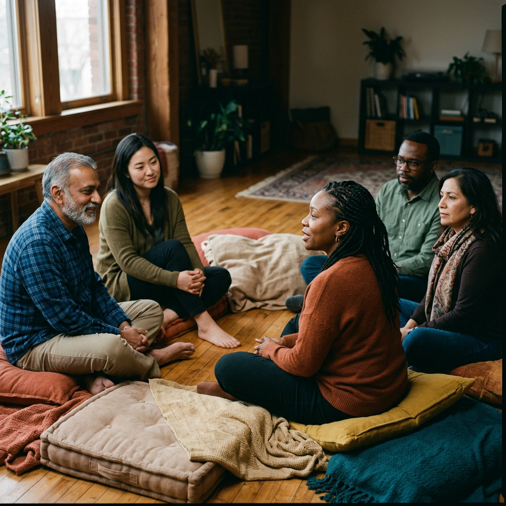A small circle of people gathered in warm light