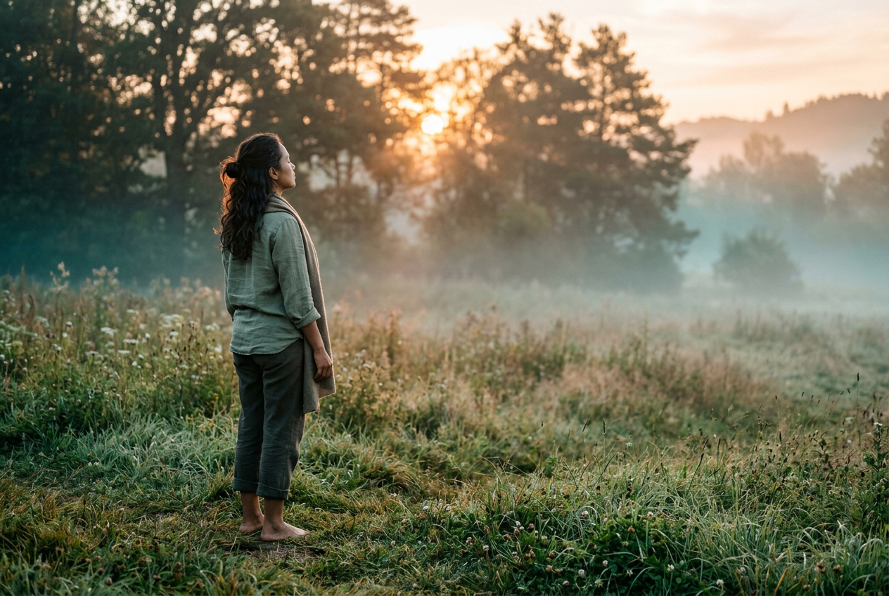 A person greeting the dawn in a misty meadow