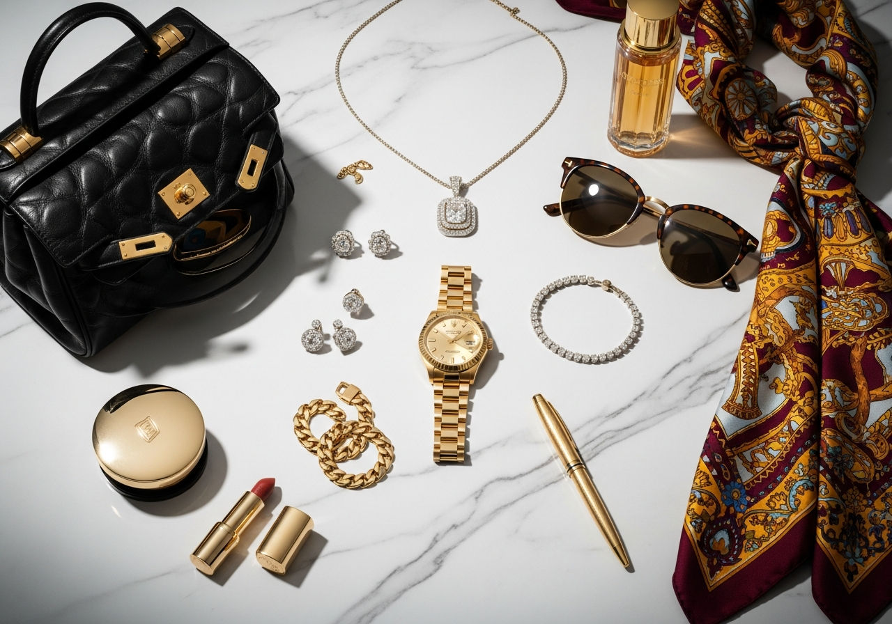 Luxury goods - designer handbags, gold watches, jewelry, premium accessories