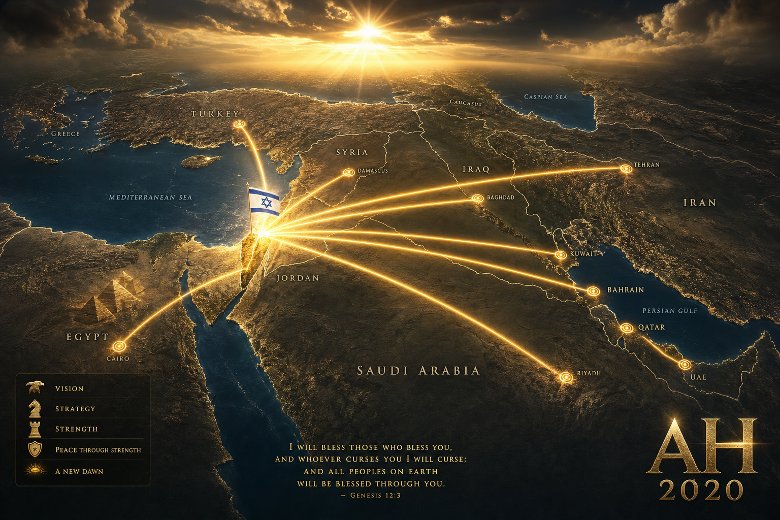 Carte géopolitique du Moyen-Orient avec trajectoires laser — implications stratégiques mondiales