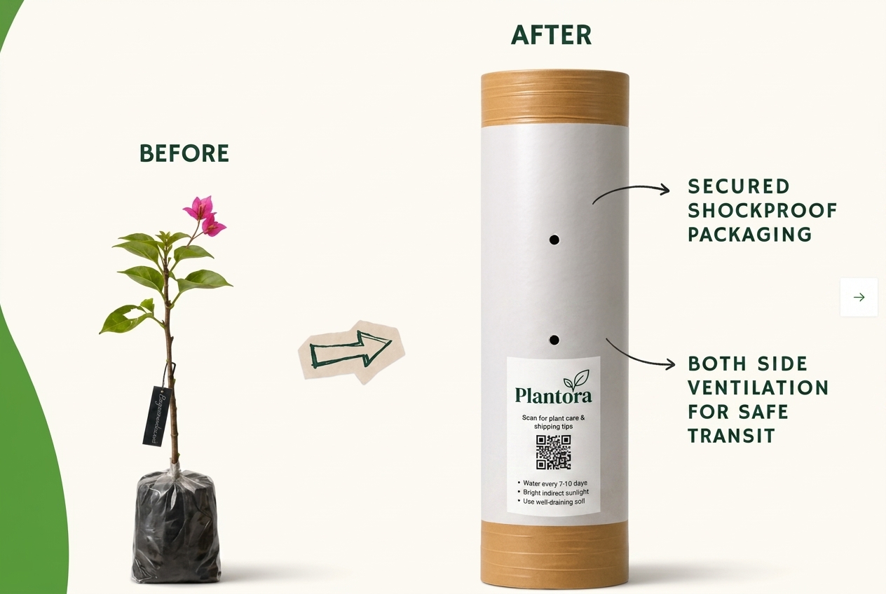 Plantora shockproof, ventilated plant packaging — before and after