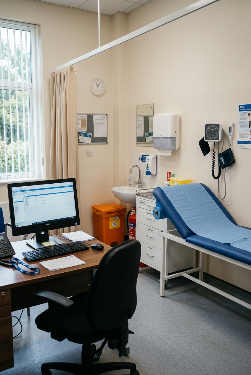 Standard NHS GP consulting room ready for locum clinical cover