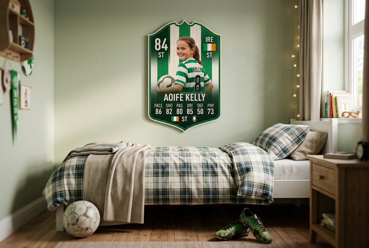 A personalised player shield hanging on a child's bedroom wall