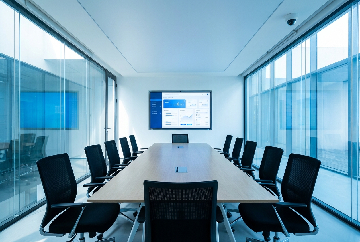 Modern conference room with a large wall display and ceiling security camera