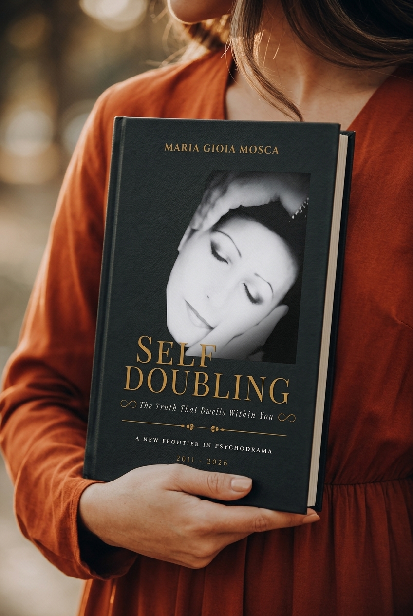 A woman holding the Self Doubling book