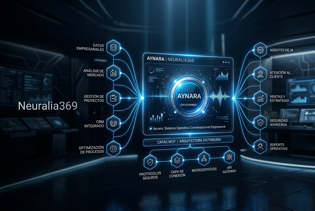 Visual futurista de Aynara conectando todas las herramientas del ecosistema Neuralia