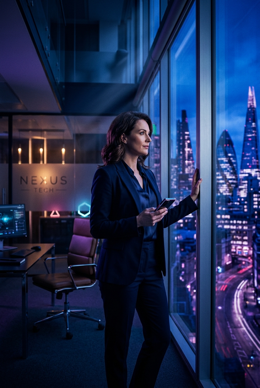 A confident professional working on a laptop in a bright office