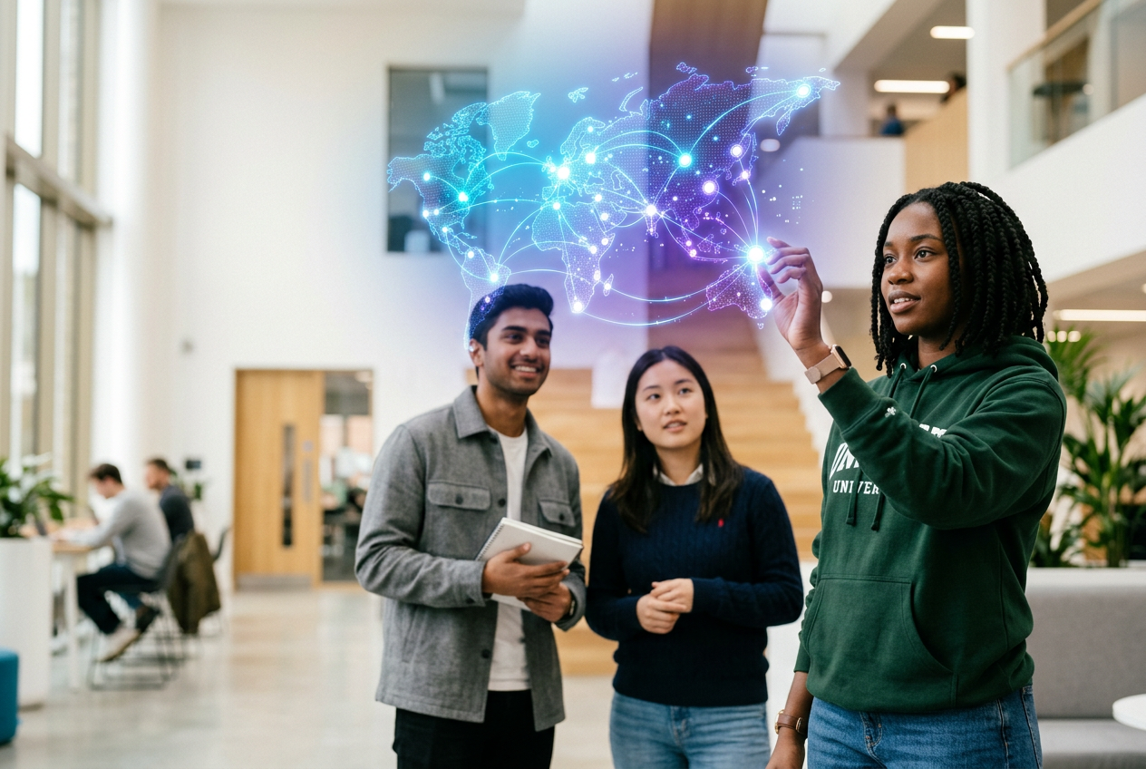 A student touching a glowing network of connected Career DNA nodes while others watch