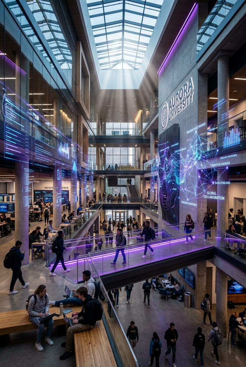 A modern university campus with students walking