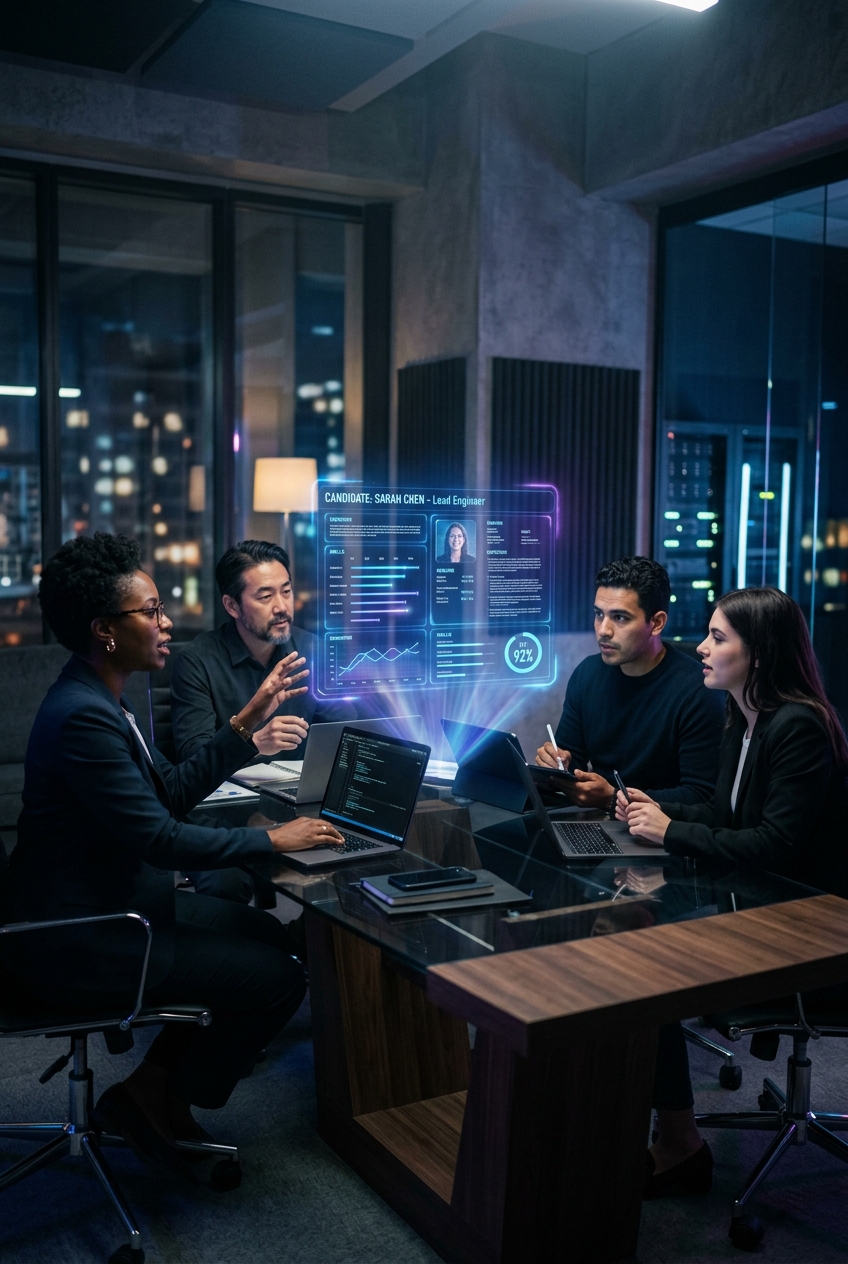 A diverse hiring team collaborating around a table