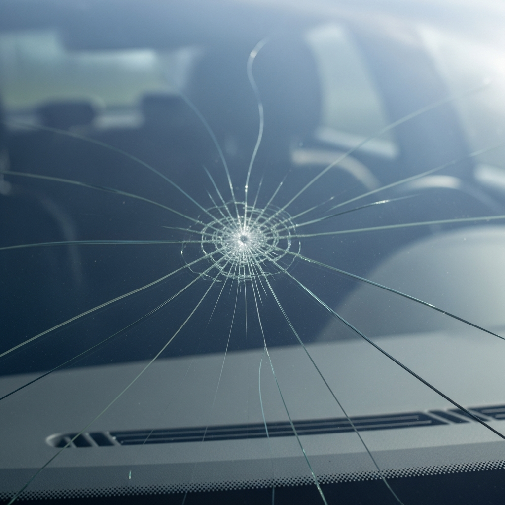 Example of a windshield crack, a long line spreading across the glass