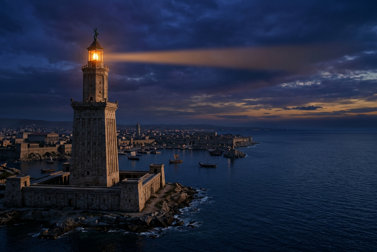 The Pharos lighthouse casting its beam over the sea at dusk