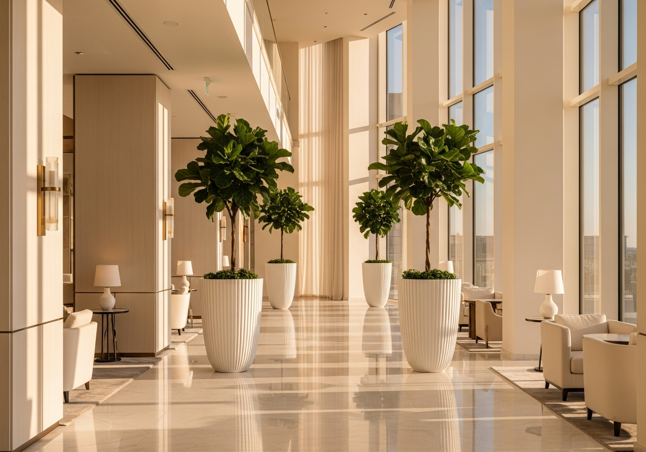 Premium matte finish FRP planters in luxury hotel lobby