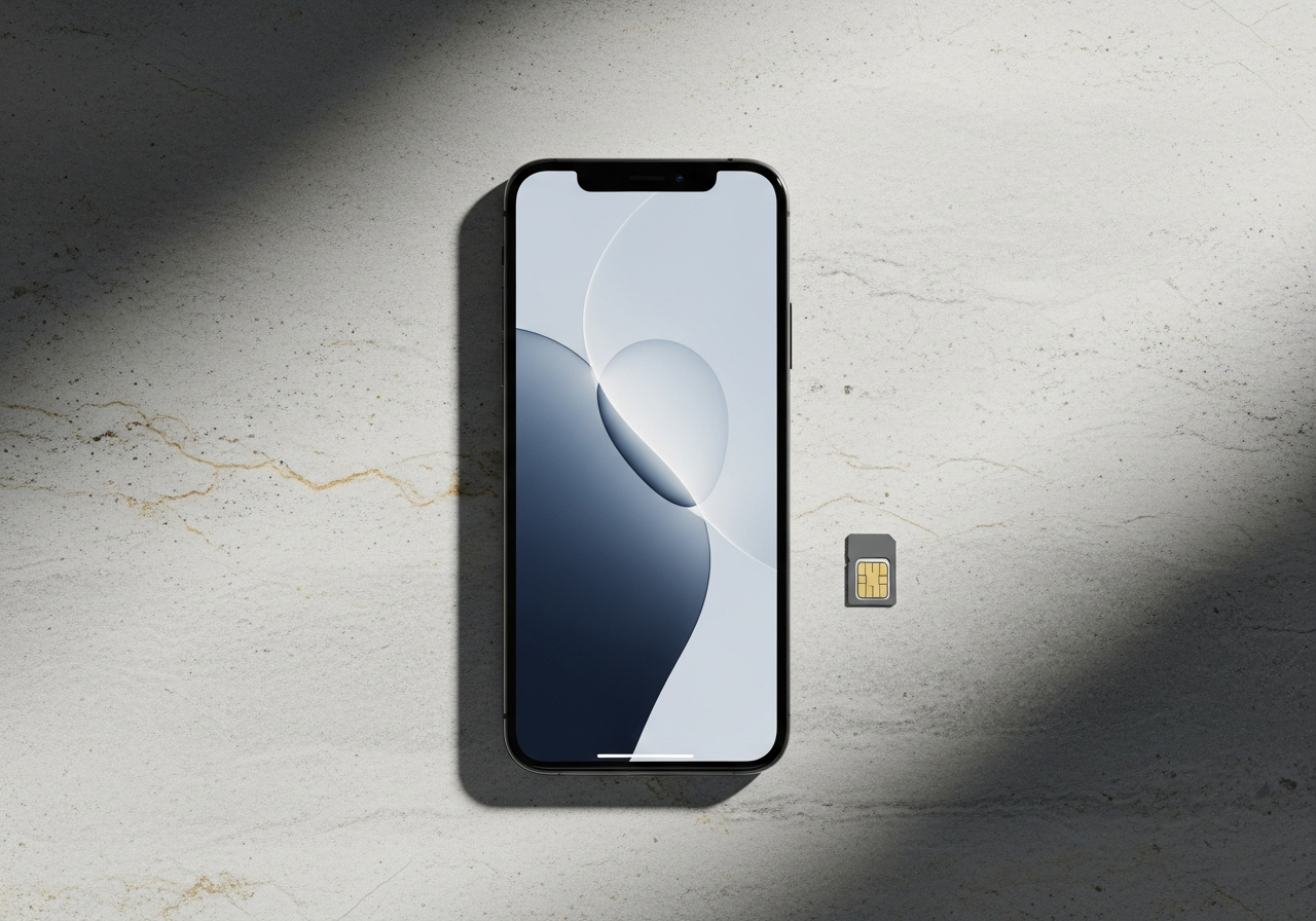 Smartphone and SIM card laid out on a clean surface