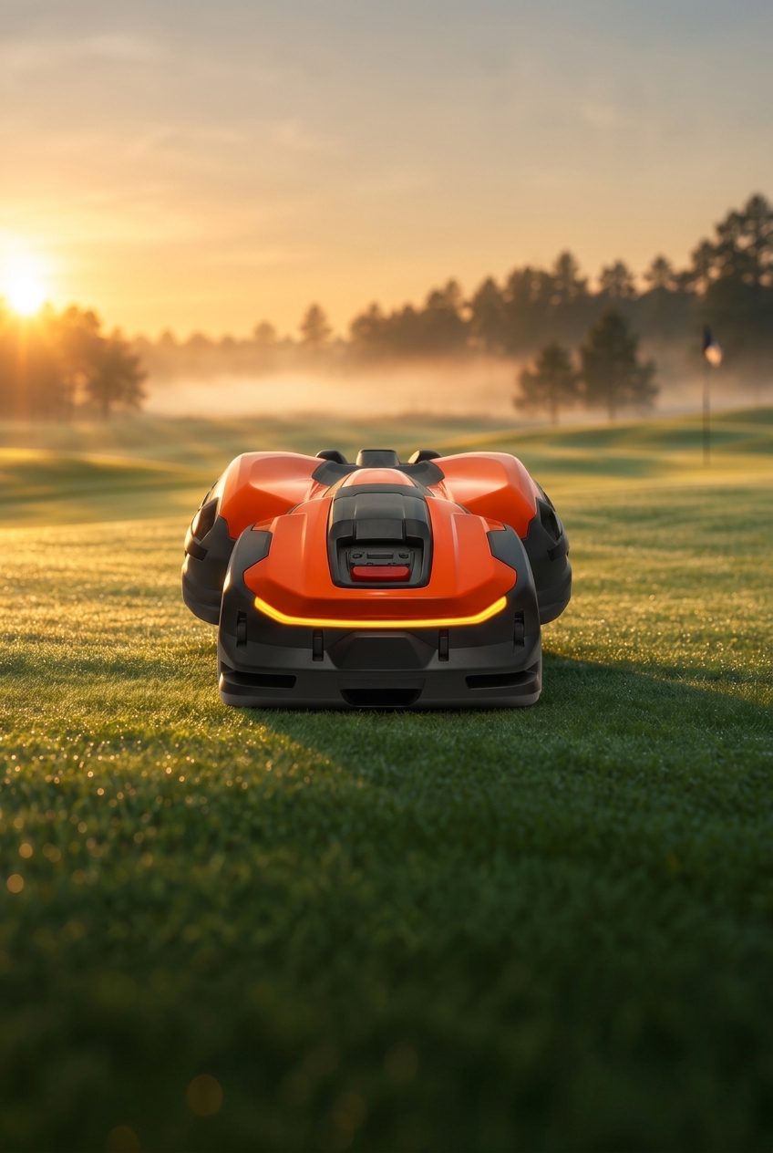 Husqvarna robotic mower on a golf green at sunrise