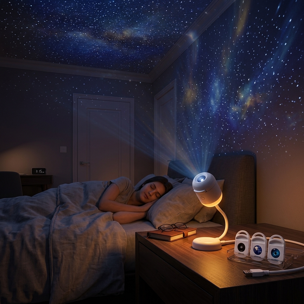 Habitación con galaxia proyectada en el techo