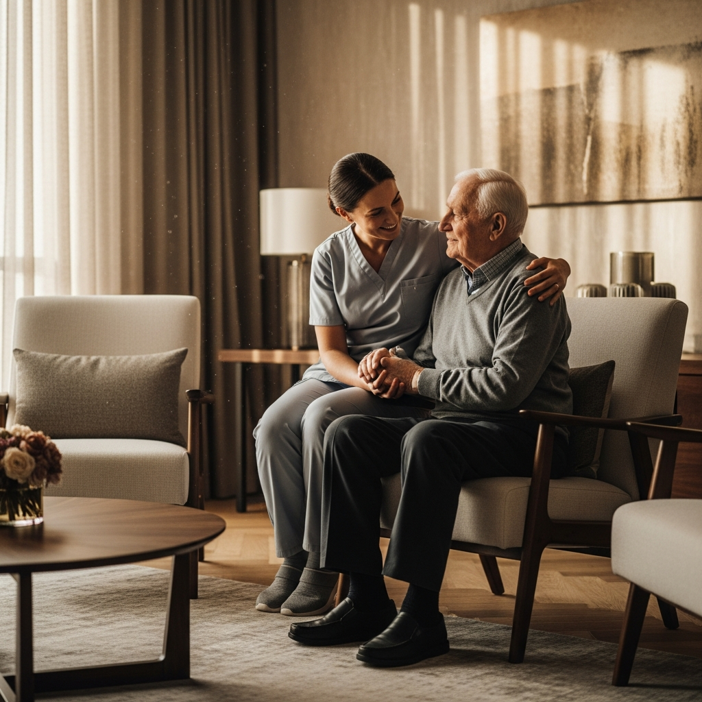 Caregiver and senior at home, sharing a warm, dignified moment