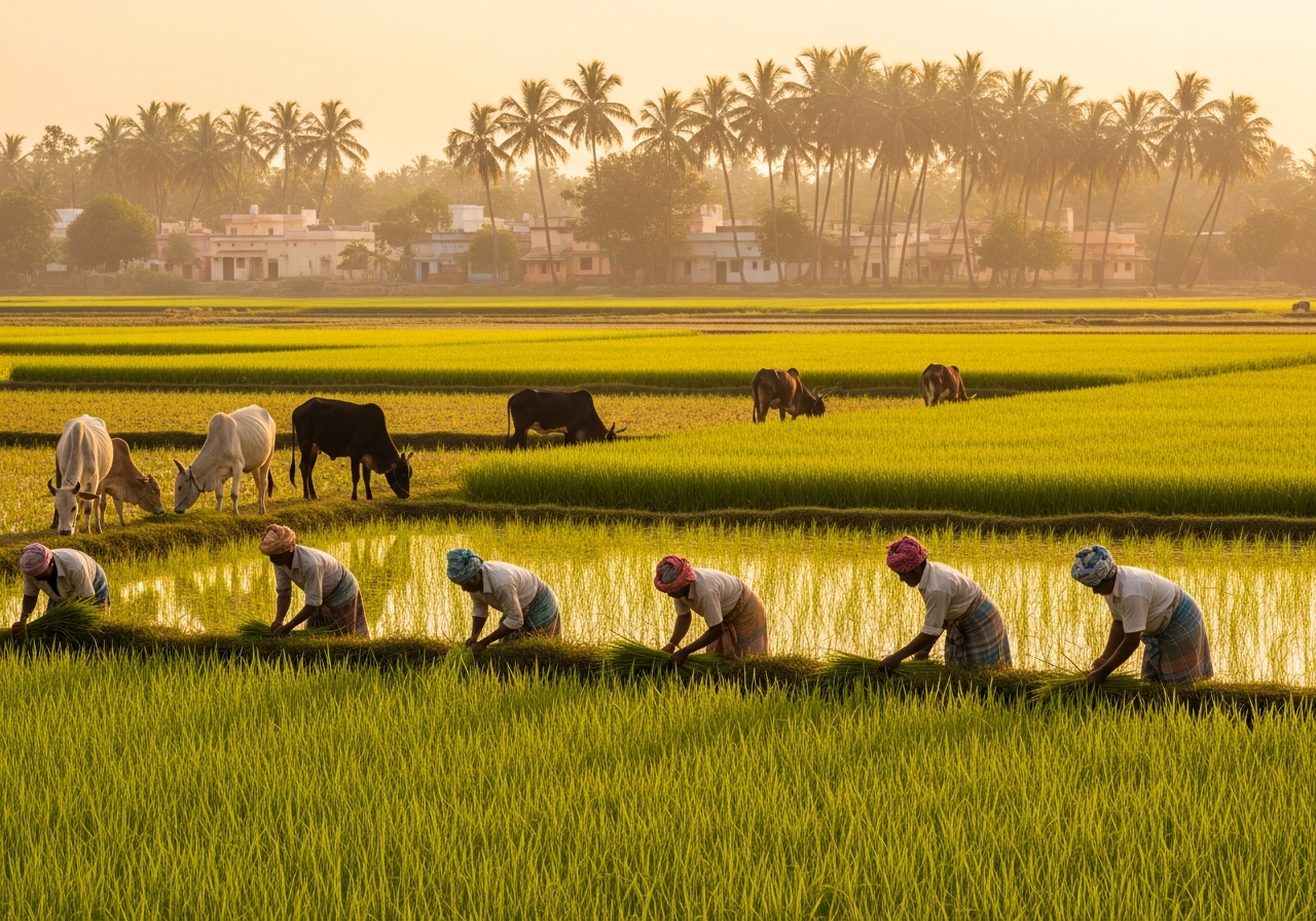 Indian farmers working together in paddy field with cows