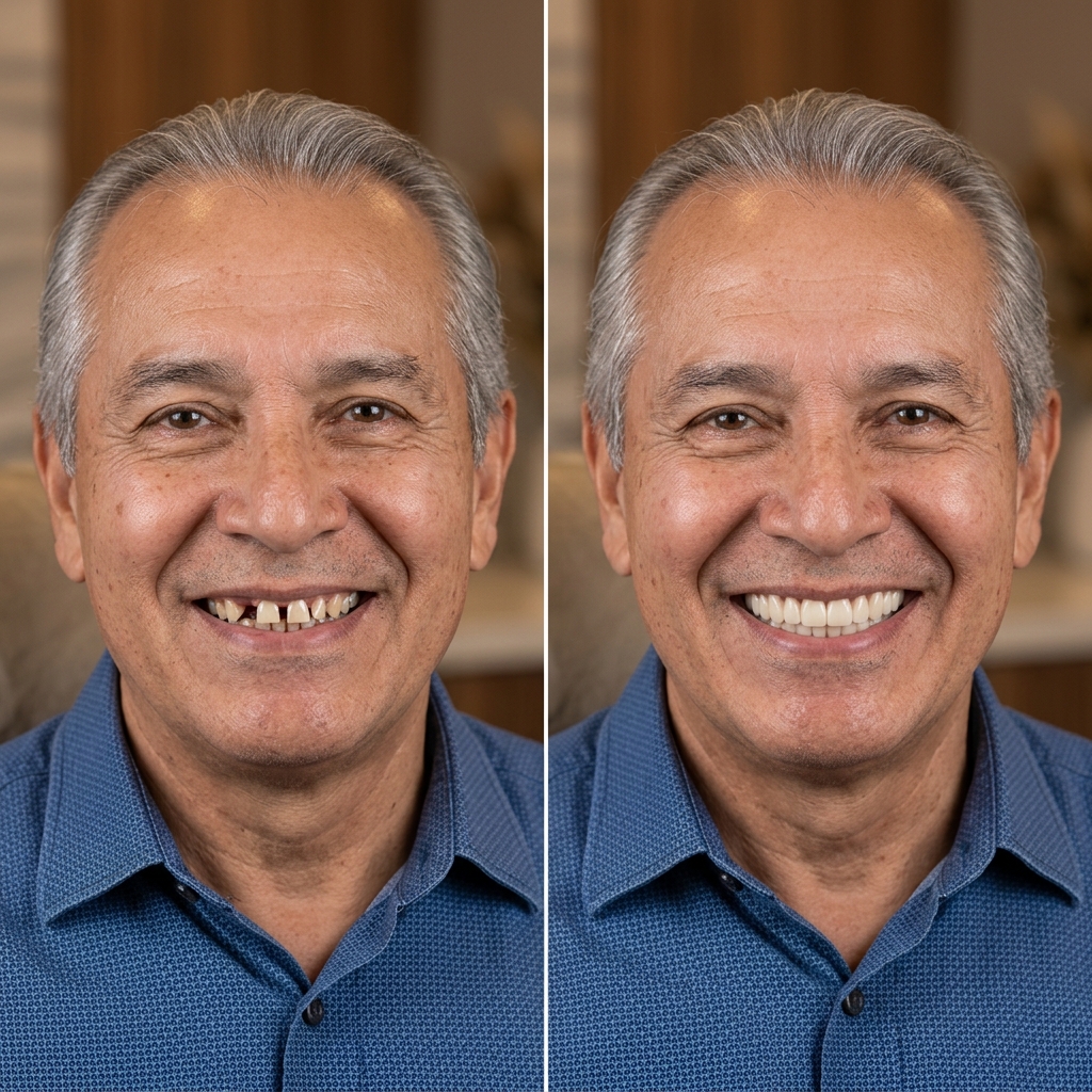 Patient smile before and after full-arch implants by Dr. Leila Nikpour