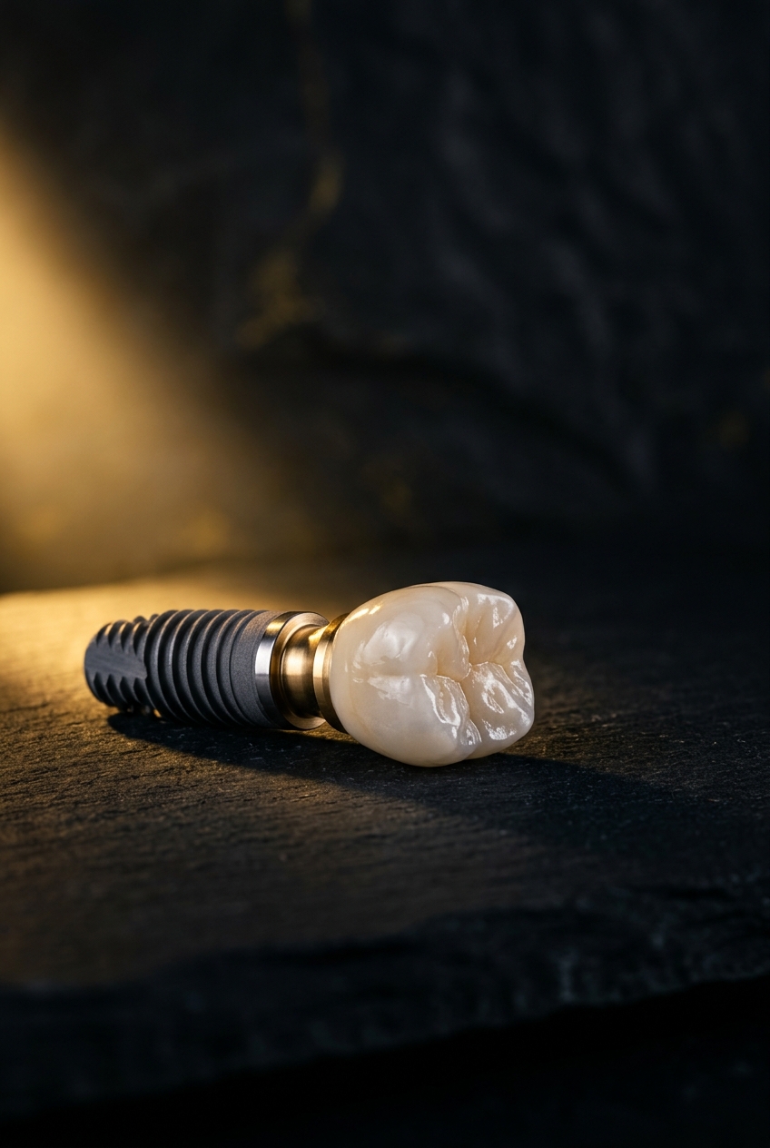 Macro photograph of a dental implant and ceramic crown